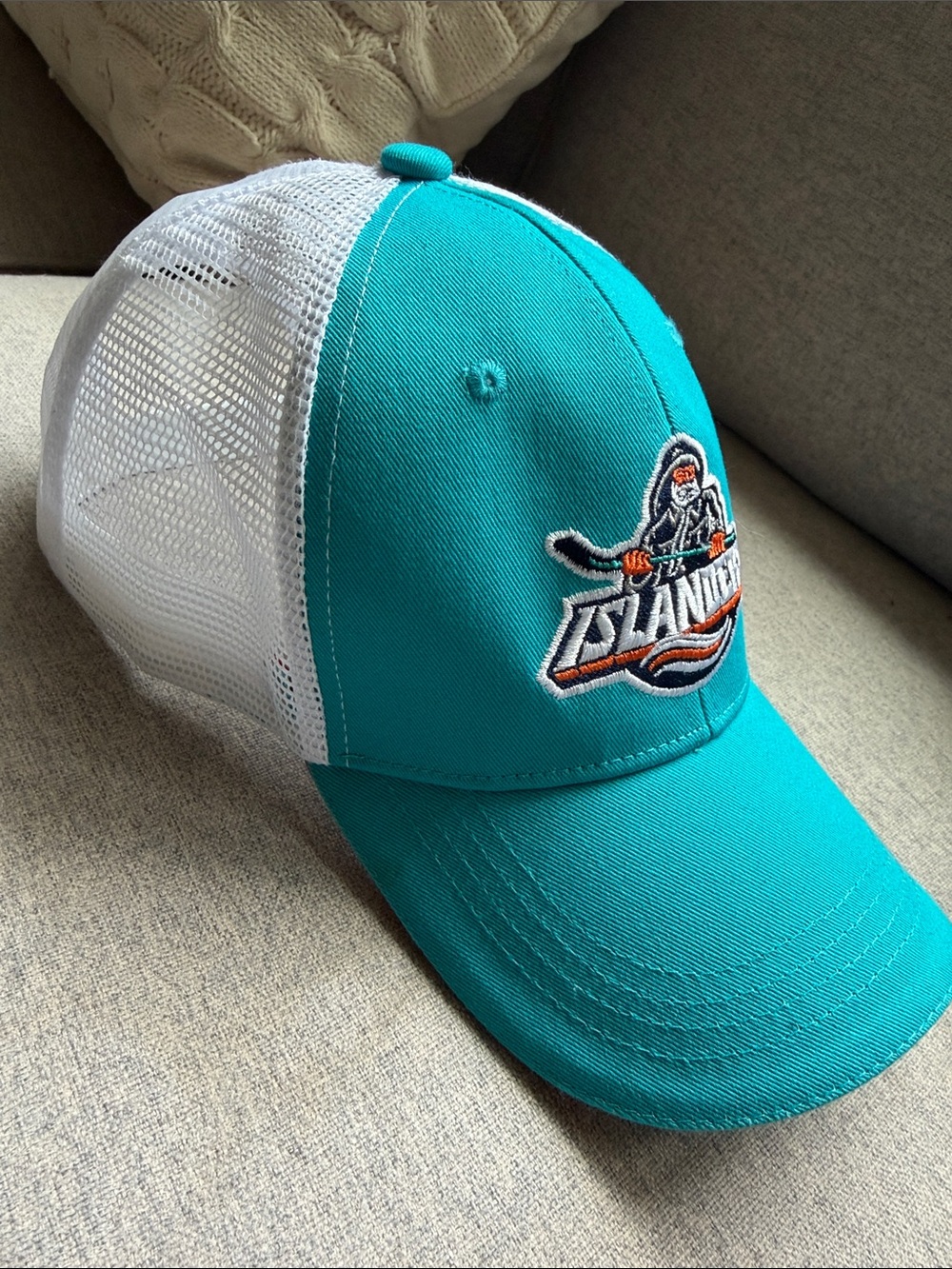 Teal and White Mesh Trucker Hat with New York Islander Patch Hockey